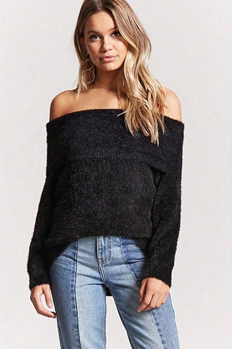 Fuzzy Foldover Off-the-shoulder Sweater