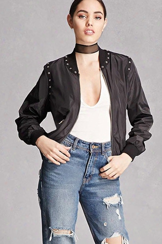 Grommet Trim Bomber Jacket