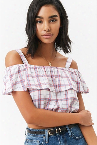 Open-shoulder Flounce Plaid Crop Top