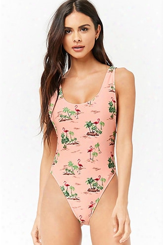 Palm Tree & Flamingo Print One-piece Swimsuit