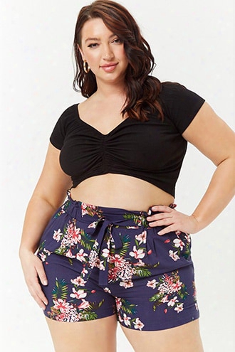 Plus Size Floral Print Paperbag Shorts