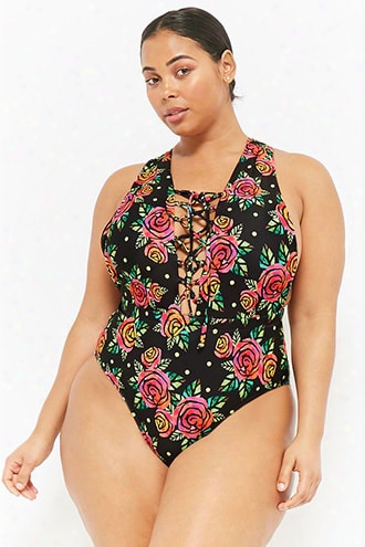 Plus Size Kulani Kinis Lace-up Floral One-piece Swimsuit