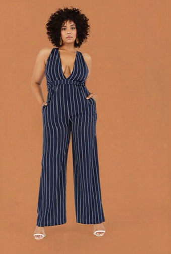 Plus Size Stripe Halter Jumpsuit