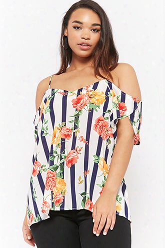 Plus Size Striped Floral Open-shoulder Top