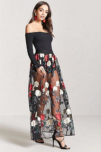 Sheer Mesh Flooral Embroidered Maxi Skirt