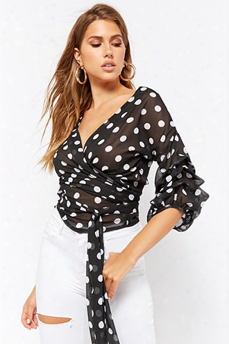 Sheer Polka-dot Wrap-front Top