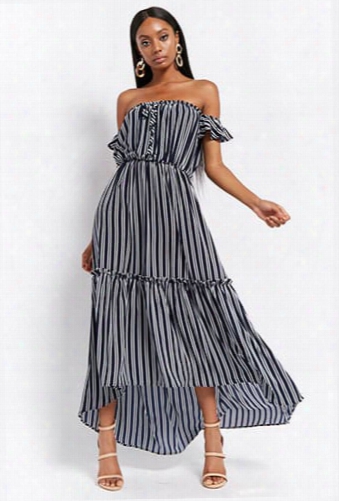 Striped Off-the-shoulder High-low Maxi Dress