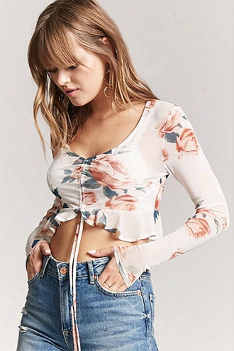 Floral Sheer Mesh Ruched Crop Top