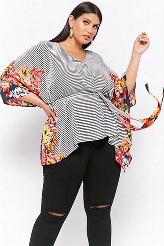 Plus Size Belted Floral Striped Top