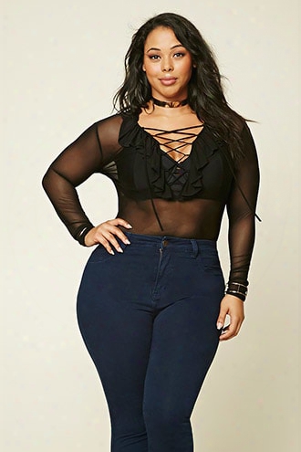 Plus Size Lace-up Mesh Bodysuit