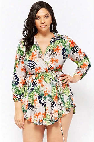 Plus Size Leaf Print Surplide Mini Dress