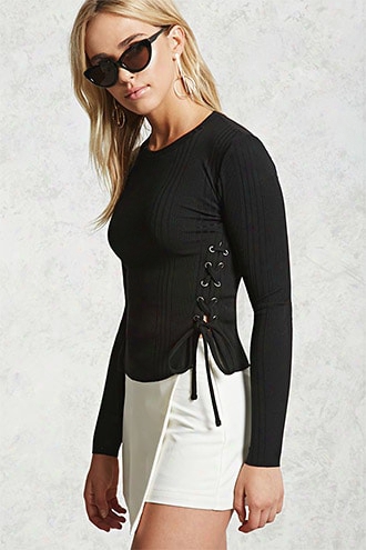 Ribbed Knit Lace-up Crop Top