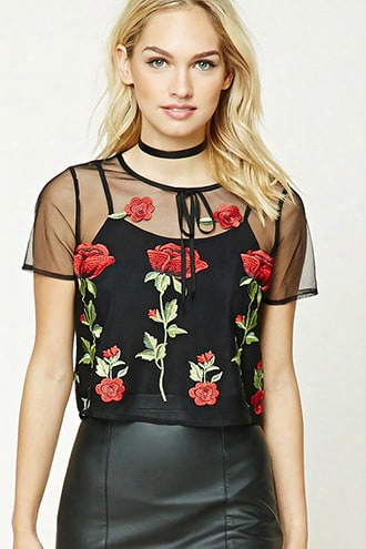 Contemporaey Embroidered Floral Mesh Top