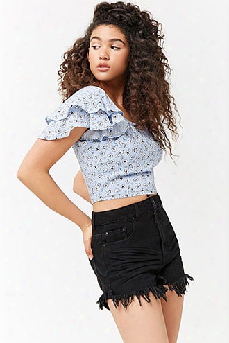 Flounce-sleeve Floral Crop Top