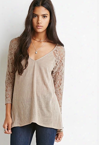 Lace-paneled Slub Knit Top