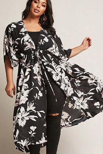 Plus Size Floral Mesh Duster Cardigan