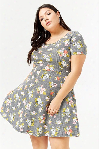 Plus Size Floral Print Gingham Skater Dress