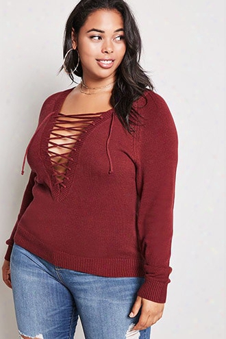 Plus Size Plunging Lace-up Sweater