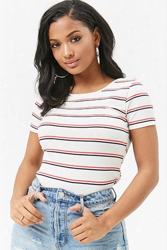 Striped Ribbed-knit Crisscross Tee