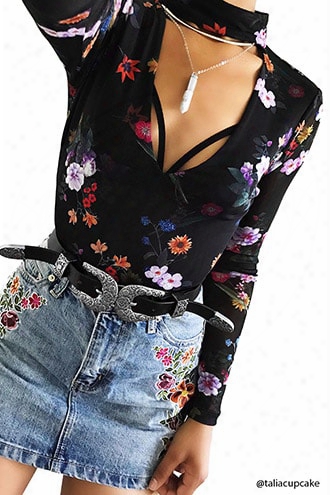 Embroidered Floral Denim Skirt