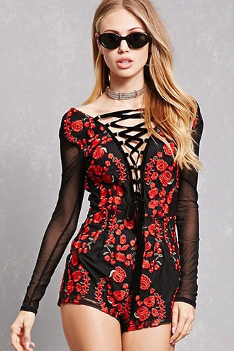 Embroidered Lace-up Romper