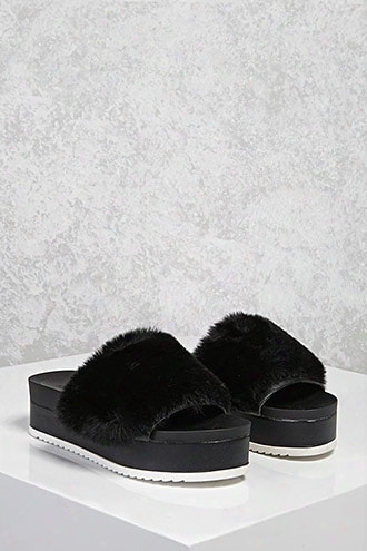 Faux Fur Platform Slide Sandals