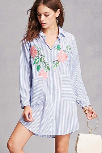 Floral Pinstripe Shirt Dress