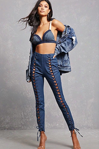 Lace-front Denim Pants