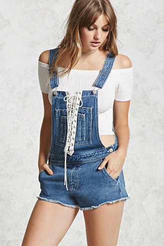 Lace-up Denim Overall Shorts