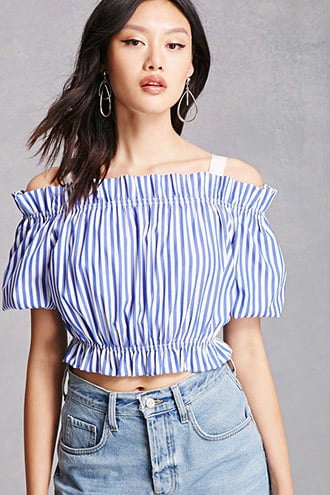 Pinstripe Open-shoulder Crop Top