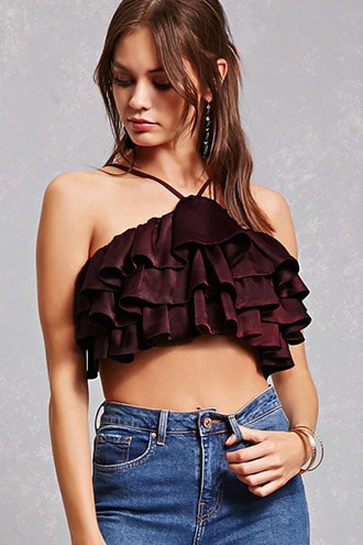 Satin Ruffle Halter Crop Top