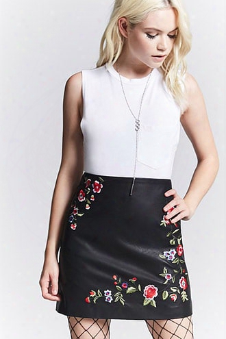 Embroidered Faux Leather Skirt