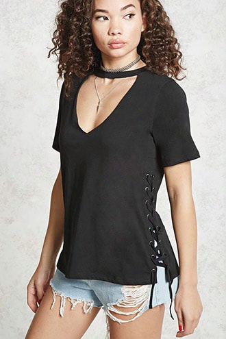 Laced-side Choker Neck Tee