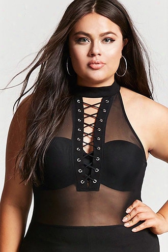 Plus Size Mesh Lace-up Jumpsuit