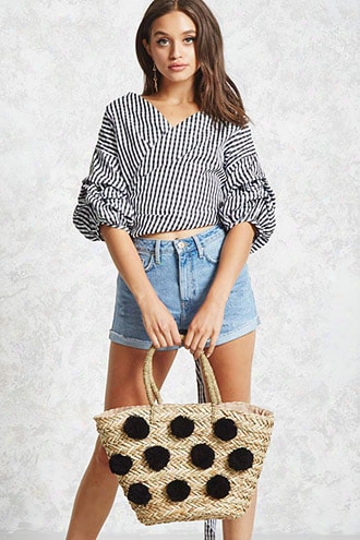 Pom Pom Straw Beach Tote