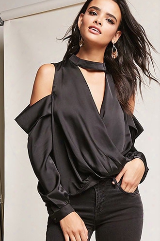 Satin Surplice Open-shoulder Top