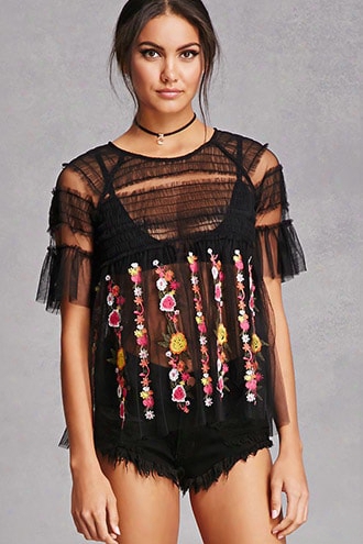 Sheer Floral Ruffle Top