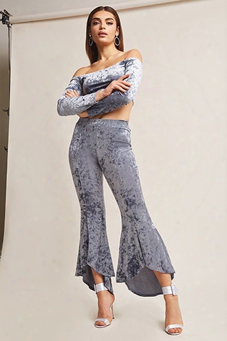 Crushed Velvet Crop Top And Flared Pants Set