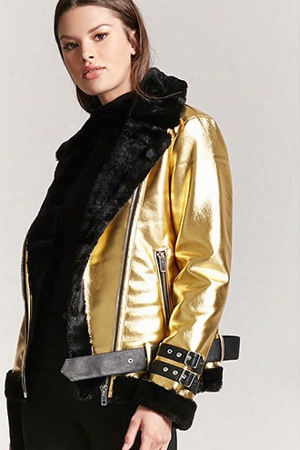 Faux Fur-lined Metallic Moto Jacket