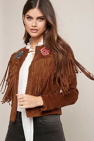 Floral Embroidered Faux Suede Fringe Jacket