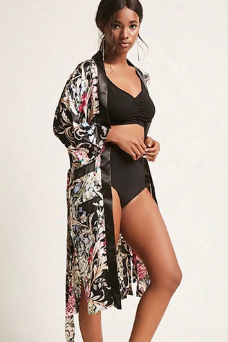 Floral Print Satin Kimono