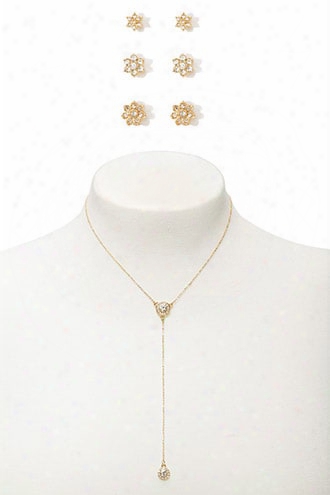 Flower Studs & Drop Chain Necklace Set