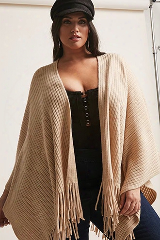 Plus Size May Logan Ribbed Knit Fringe Poncho