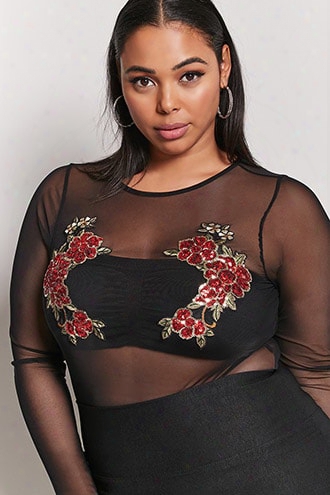 Plus Size Sheer Floral Sequin Bodsuit