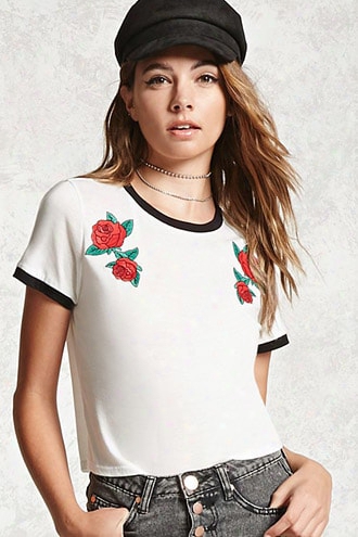 Rose Embroidered Ringer Tee