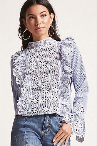 Stripe Mock Neck Eyelet Top