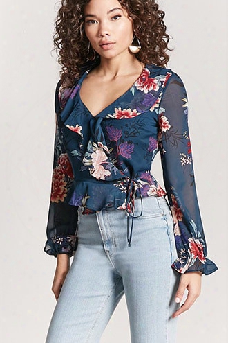 Floral Ruffle Self-tie Top