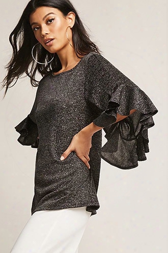 Lurex Marled Knit Ruffle Sleeve Top