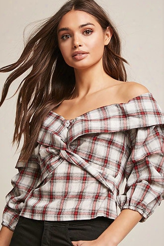 Plaid Off-the-shoulder Twist-front Top