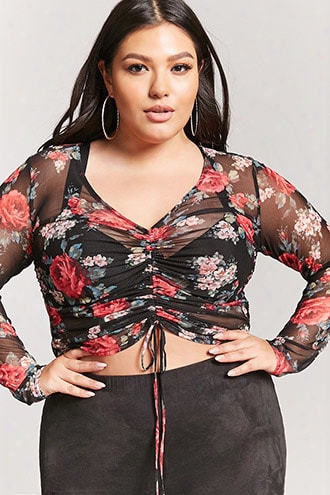 Plus Size Drawstring Floral Mesh Top